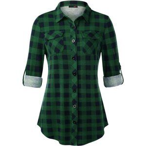 Women's Soft Stretchy Knit Plaid Shirt - Roll-Up Long Sleeve
